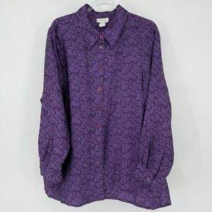 Avenue Womens 18/20 Dark Purple Floral Jacquard Button Up Long Sleeve Whimsigoth